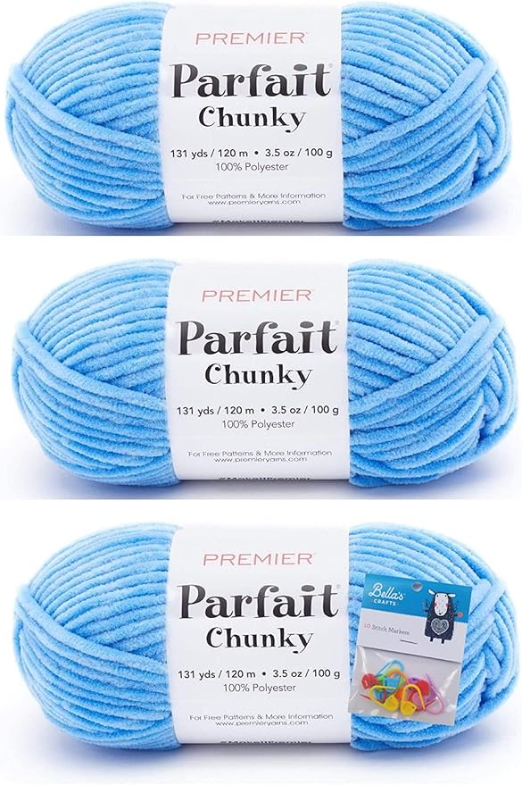 Premier Yarns Parfait Chunky Chenille Yarn 3.5 Oz 6 Super Bulky Weight 3 Pack Bundle with Bella's Stitch Place Holders (Blue)