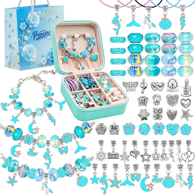 ONADEBY Charm Bracelet Making Kit - Blue DIY Jewelry Making Kit for Girls, Friendship Bracelet Kit with Portable Box Bag Packing for Birthday Christmas New Years Easter Valentine Craft Gifts