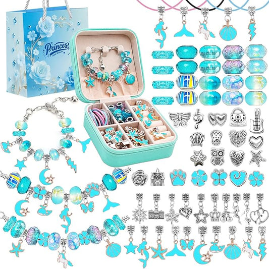 ONADEBY Charm Bracelet Making Kit - Blue DIY Jewelry Making Kit for Girls, Friendship Bracelet Kit with Portable Box Bag Packing for Birthday Christmas New Years Easter Valentine Craft Gifts