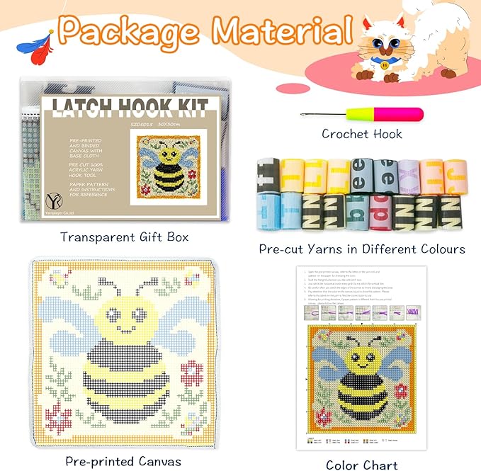 YP Small Latch Hook Kits Rug Bee Crochet Yarn Cushion Colour Pre-Printed Canvas Rug Needlework DIY Embroidery Craft Latch Hook Kit for Beginner,12'' X12''