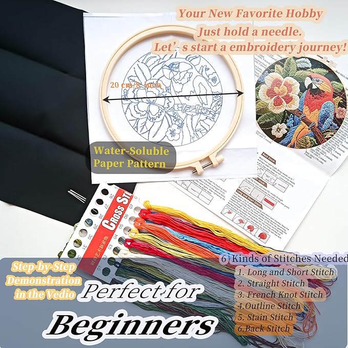 fonnuy embroidery kit for beginners, birds with flowers pre-stamped pattern kits for adults with hoop, easy to follow color thread needlework, 8'' hoop (orange parrot)