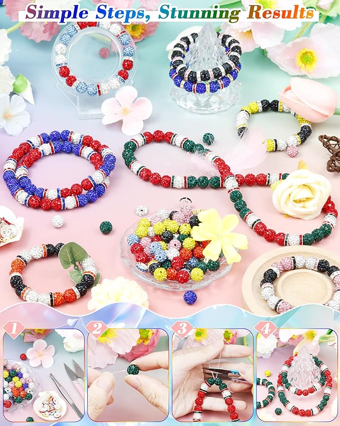 180pcs fiveizero 10mm rhinestone beads for jewelry making – sparkly round crystal clay beads & spacers in patriotic baseball team colors for bracelets, necklaces & diy crafts (sky blue, red, white)