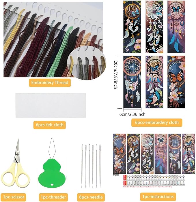 NEGEKFKX 6 Pcs Dreamcatcher Cross Stitch Bookmark Kit for Adult Beginners,Flowers Cross Stitch Kits 14 CT DIY Crossstitch Kits Adult Stamped Bookmark Embroidery Bookmarks Kit