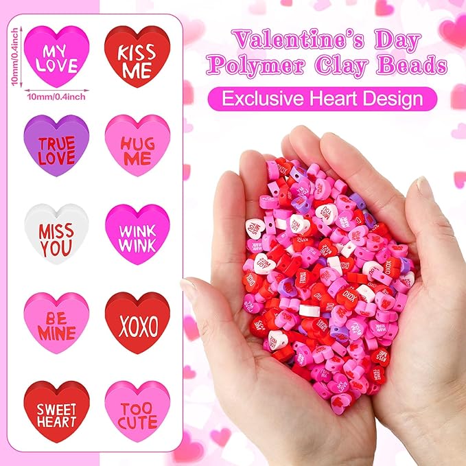 Augshy 300Pcs Conversation Heart Beads,Valentine's Day Polymer Clay Beads for Jewelry Making Bracelet Necklace Making Earrings