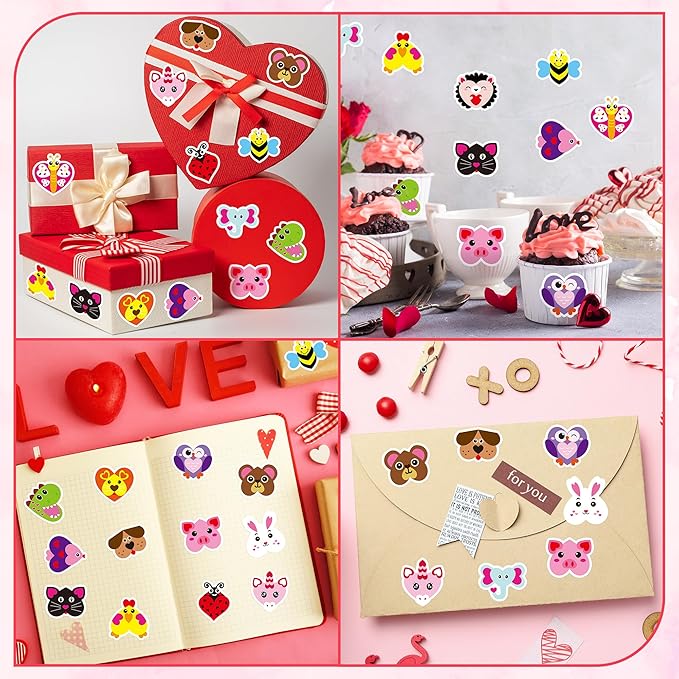 beyumi 1000pcs valentine's day heart shaped animal stickers in 2 rolls for kids valentine heart labels waterproof vinyl decals for greeting cards envelope scrapbooking party decor gift for girls teens