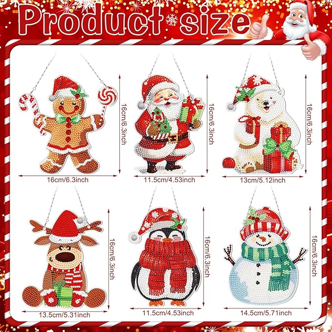 Pickmesh 6 Pcs Christmas Diamond Painting Hanging Sign Set Santa Snowman Gingerbread Man Diamond Art Kits 5D DIY Christmas Ornaments Kits for Winter Wall Door Window Decor