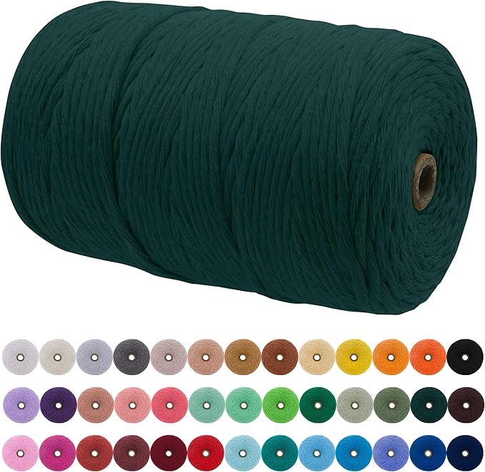 JeogYong Single Strand Macrame Cord 3mm x 218 Yards (656 Feet) Soft Cotton Rope Macrame Yarn 3 mm Macrame Cord, Macrame Supplies for Crafts Wall Hangings Plant Hangers Decorations (Dark Green)
