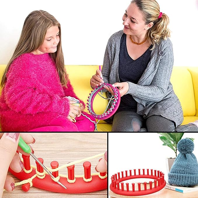 JAMIT Round Knitting Looms Set Craft Kit DIY Tool with Hook Needle, Set of 5 Plastic Looms Knitting for Hat Scarf Shawl Sweater Sock and Blankets