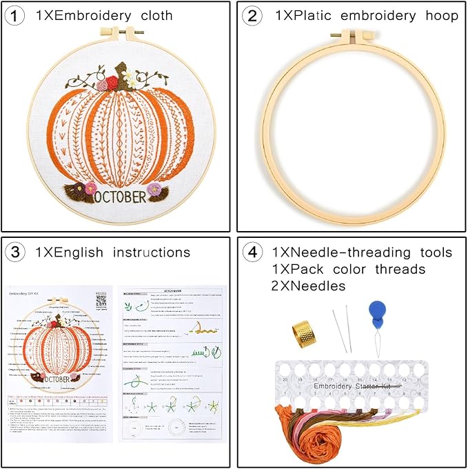 Easy Beginners Embroidery Stitches Practice Kits for Adults, Fall Pumpkin Embroidery Starters Kits for Beginners to Learn 26 Stitches, Autumn Hand Embroidery Set Craft for Women & Video Tutorial