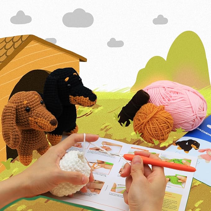 Nikolle Crochet Kit for Beginners with Step-by-Step Video Tutorials Crochet Animal Kit Crochet Starter Kits for Adults Kids - Dachshund(Black)