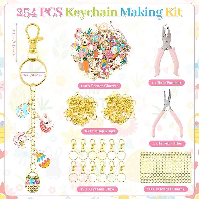 254 Pcs Cute Easter Charms Lip Gloss Keychain Making Kit Include Assorted Bunny Egg Rabbit Enamel Charms Keychain Clips Extender Chains Jump Ring DIY Jewelry Crafts Gifts for Women Adults