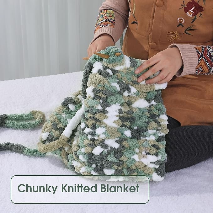 HOMBYS Chunky Tie Dye Mix Chenille Yarn for Hand Knitting, Super Bulky Jumbo Yarn for Crocheting, 3/4" Thick Soft Plush Yarn for Blankets, 8 Skein Pack (26 yds / 7.5 oz Each) Grey,Green,White