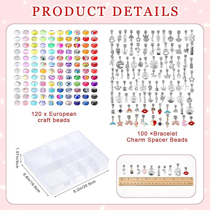 Ferreve 231 Pcs Charm Bracelet Making Kit Snake Chain European Large Hole Beads Dangle Charm with Plastic Storage Box DIY Jewelry Making Craft Gifts for Women(6.3 Inch)