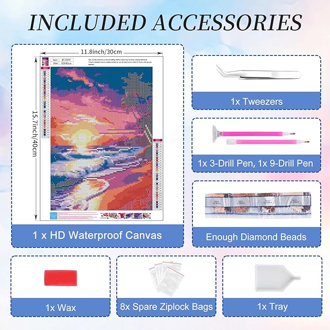 Camocin Diamond Art Kits for Adults Beach, 5D Sunset Landscape Diamond Painting Kits for Adults Beginners, DIY Beach Full Round Dots Drill Gem Art Kit for Gift Home Wall Decor 12 x 16 Inch