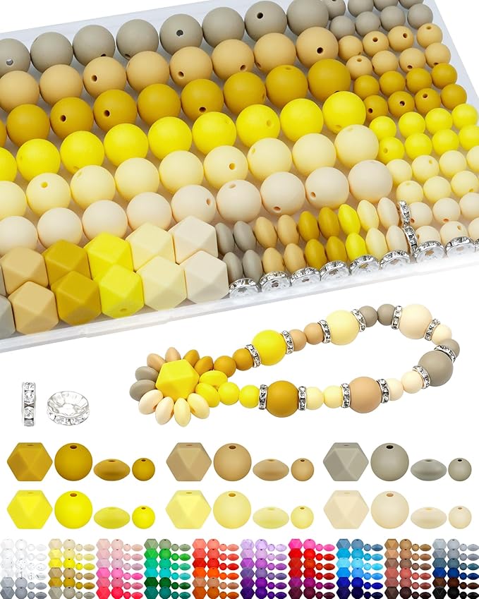 172PCS FIVEIZERO Silicone Beads for Keychain Making, 6 Mixed Colors Silicone Focal Beads Kit, 9mm & 15mm Round Lentil Hexagon & Rhinestone Spacer Bead for Jewelry Making & Bracelets (Yellow)