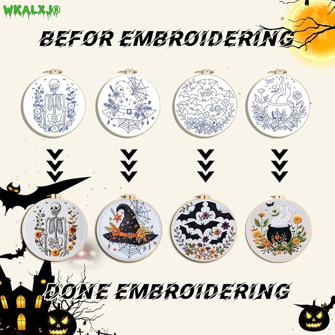 wkalxj 4 sets embroidery kits for beginners adults, cross stitch kits, needlepoint kits with instruction, video, needle point kits with bats cauldron hat skeleton patterns (4 sets c)