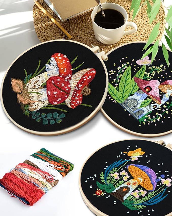 TINDTOP Embroidery Kit for Adult Beginners, Mushroom Embroidery Stitch Practice kit Include Embroidery Cloth Hoops Threads for Craft Lover Hand Stitch