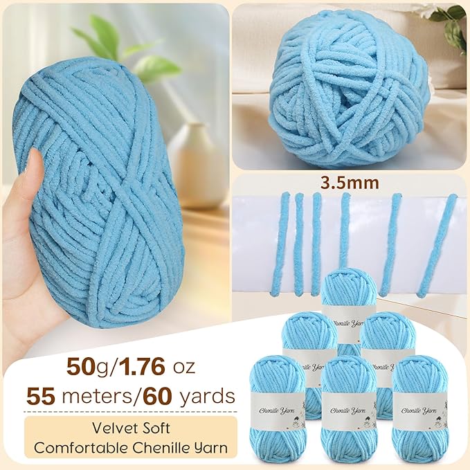 SIMEIQI 6 Pack of 1.76oz Chenille Yarn for Crocheting,60yards Soft Fluffy Velvet Yarn, Ideal Crochet for DIY Baby Blankets Toys Scarves Throw Pillows Hats Cushions(Sky Blue)