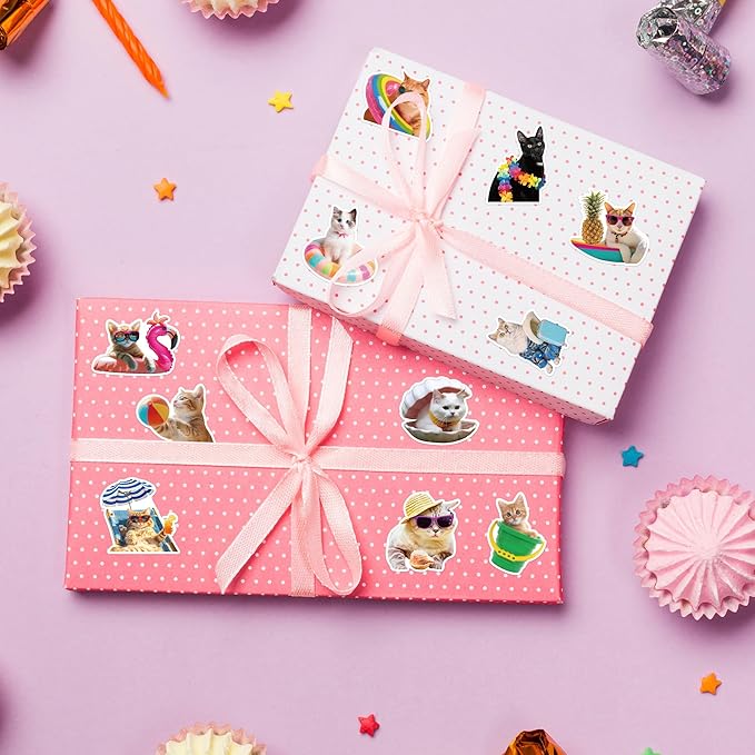 h1vojoxo summer cats sticker rolls - 1000pcs hawaii cat stickers for kids 16 designs waterproof beach cats stickers for water bottles laptop scrapbook crafts envelopes gifts cute sticker for cat lover