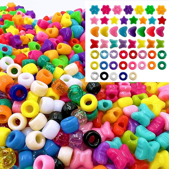 MIIIM 1000Pcs 6x9mm Pony Beads Shapes in 5 Styles 21 Colors, Heart, Star, Butterfly, Flower, Assorted Kandi Beads for Friendship Bracelet, Big Hole Hair Braids Crafts, Jewelry Making (Multi-Colored)