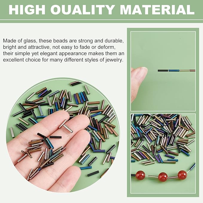 PH PandaHall 1260pcs 7 Colors Glass Bugle Beads, 9x2mm Metallic Long Seed Beads Tube Beads Craft Beads Loose Spacer Bead for Earrings Bracelets Necklaces Waist Chain Jewelry Making, Hole 0.5mm