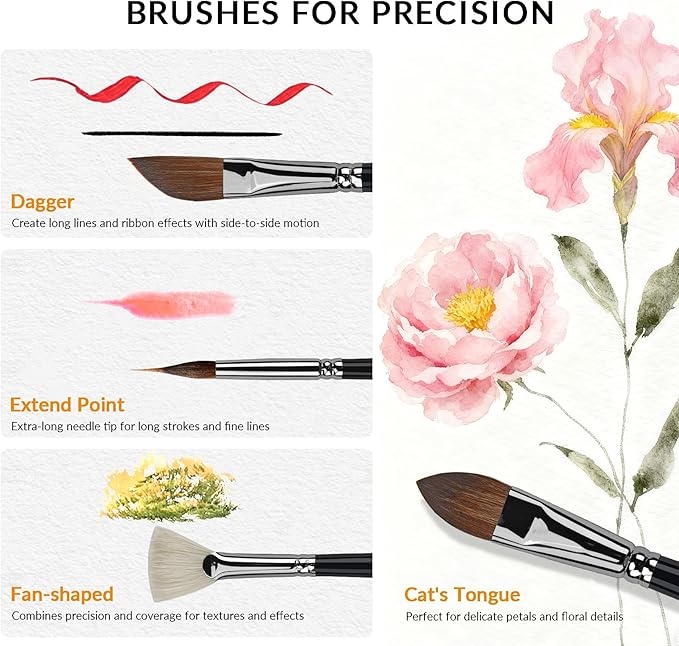 Watercolor Brush Professional, 11Pcs Water Color Paint Brushes Set for Artists, Shapes with Fan, Needle Pointed, Angular, Dagger, Cats Tongue for Watercolor, Gouache, Ink Painting