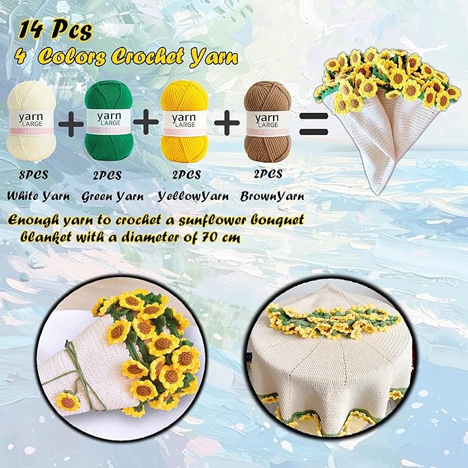 Yarniss Sunflower Blanket Kit for Beginner,Flower Bouquet Blanket Crochet Kit with Step by Step Istruction&Tutorial,Easy Crochet Starter Kit