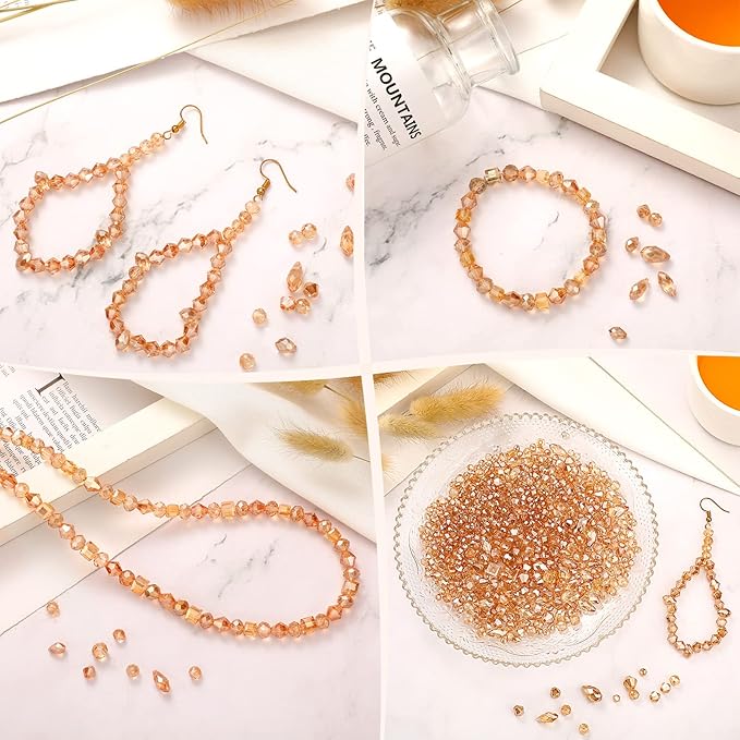 Kigeli 1280 Pcs Glass Beads Bulk Assorted Crystal Beads for Jewelry Making Faceted Teardrop Rondelle Briolette for DIY Crafts Necklace Wristband Earring Kit(Classic,Champagne Gold)