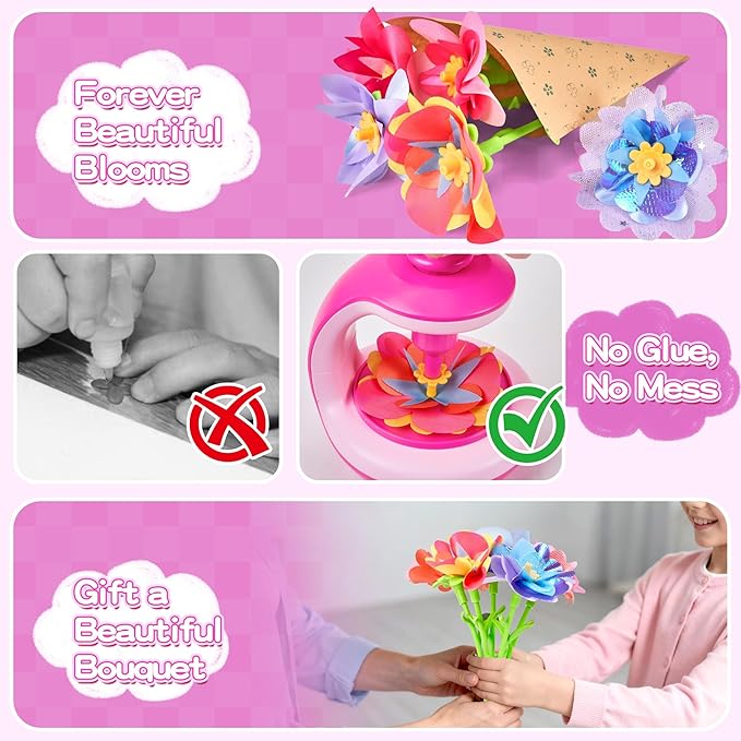 fabric flower bouquet craft kit for kids, diy arts & crafts toy to make your own flower wreaths & reusable felt flowers, educational birthday gift for girls boys ages 4–10