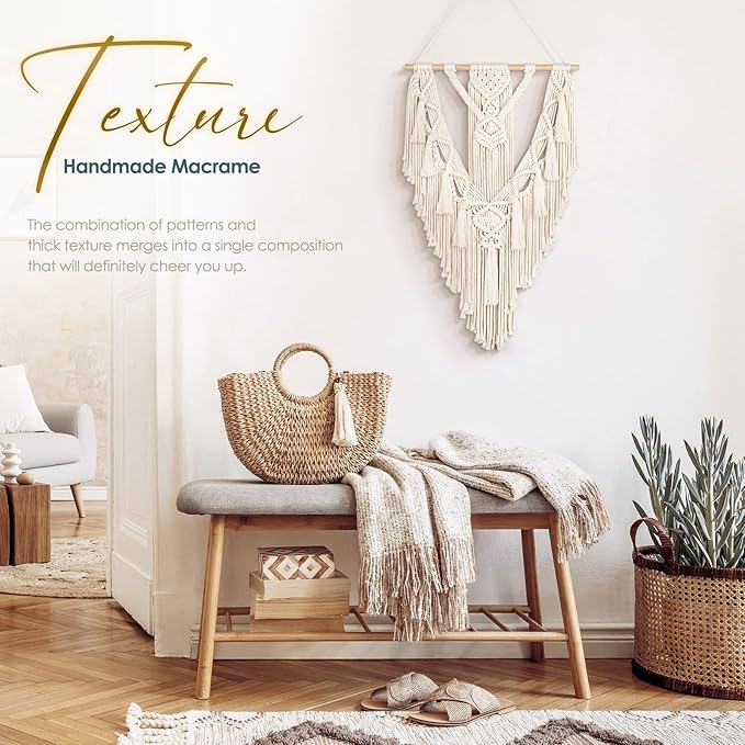 anroye macrame boho wall hanging decor, geometric woven tapestry chic cotton handmade bohemian art with long tassel, craft ornament for dorm home bedroom western room decoration gift for women