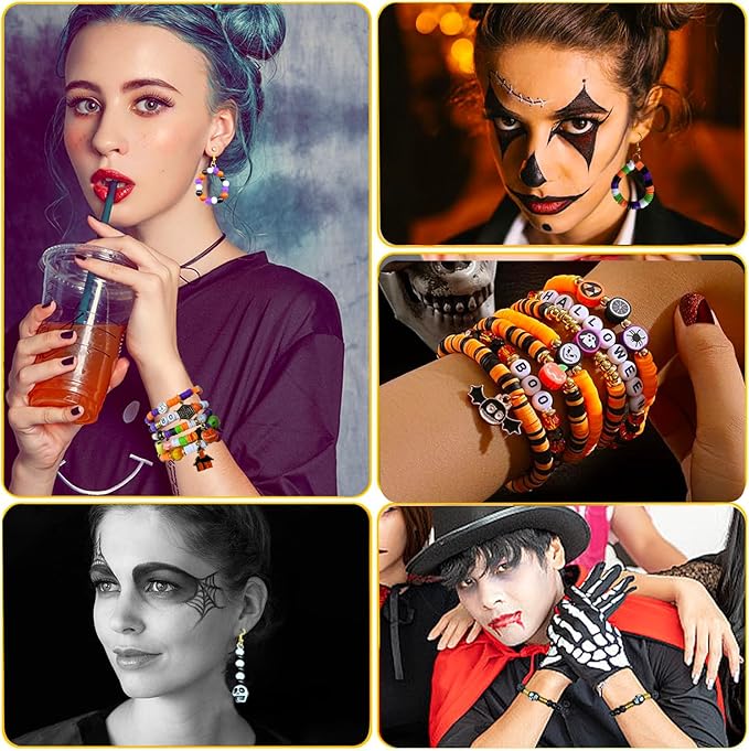 1970Pcs Halloween Bracelet Kit, Halloween Beads for Bracelets Jewelry Making Orange Black White Purple Polymer Clay Beads Pumpkin Evil Eye Skull Bead with Ghost Spider Charms for DIY Craft Earring