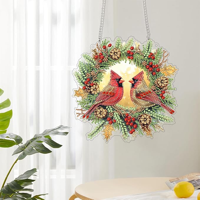 Reofrey Hanging Diamond Art Kits for Adults - 8x8 Inch Christmas Bird Acrylic Board Double Sided Pattern Diamond Art Suncatcher Pendant, Crystal Art for Home Wall or Window Decoration Handmade Gift