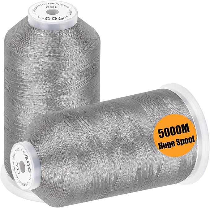 New brothread - 2 Huge Spools 5000M Each Polyester Embroidery Machine Thread 40WT for Commercial and Domestic Machines - Silver