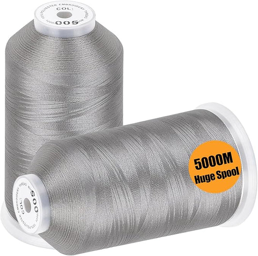 New brothread - 2 Huge Spools 5000M Each Polyester Embroidery Machine Thread 40WT for Commercial and Domestic Machines - Silver