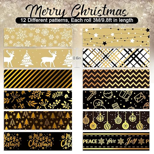 Whaline 12 Rolls Christmas Washi Tape Black Gold Xmas Washi Masking Tape Foil Gold Snowflake Xmas Tree Xmas Tree Ball Plaid Pattern Decorative Tape for Scrapbook Journal DIY Craft Gift Wrapping
