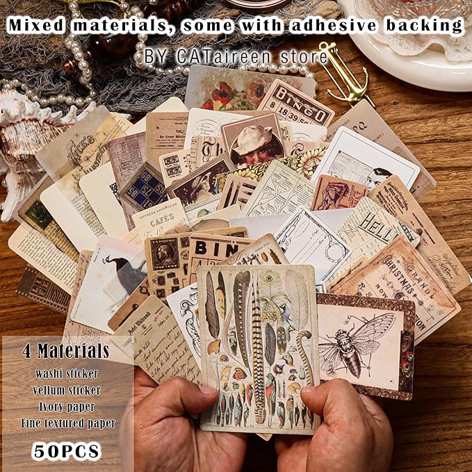 CATaireen Vintage Junk-Journal Mixed Paper Scrapbooking Embellishments Set Retro Journaling Decoupage Stickers Textured Packaging Decorative Cards Tags Kit (Old Memory)
