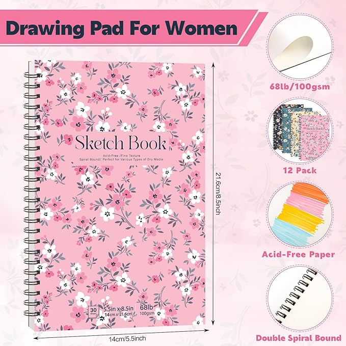 12 pack sketch book, 5.5 x 8.5 inch sketchbook, 68lb/100gsm top spiral bound sketch pad, acid free art supplies drawing painting sketching paper for woman artists (30 sheets each)