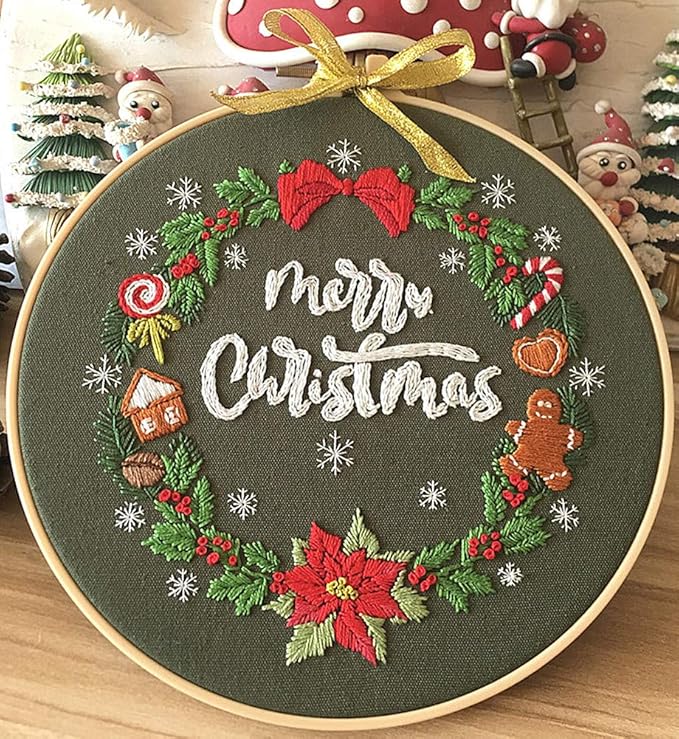 Embroidery Kit Merry Christmas Ornaments Snowflake Wreath Awesocrafts Full Range of Embroidery Starter Kits for Beginners Adults DIY Handmade Easy Patterns (Christmas)