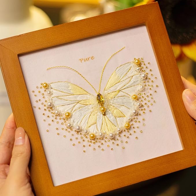 Craftreasure Beginner Embroidery Kit for Adults, Butterfly Cross Stitch Kits Include Embroidery Beads Threads Needles for Craft Lover Hand Stitch with Embroidery Skill Technique(Golden - Beginner)