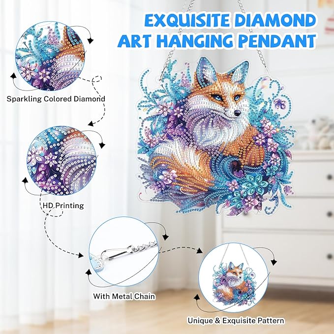 Bowetile Fox Diamond Art Hanging Kits for Adults, 5D Special Shape Diamond Painting Animal Pendant Kits, Gem Art Suncatchers Painting Window Ornament for Home Garden Wall Decor