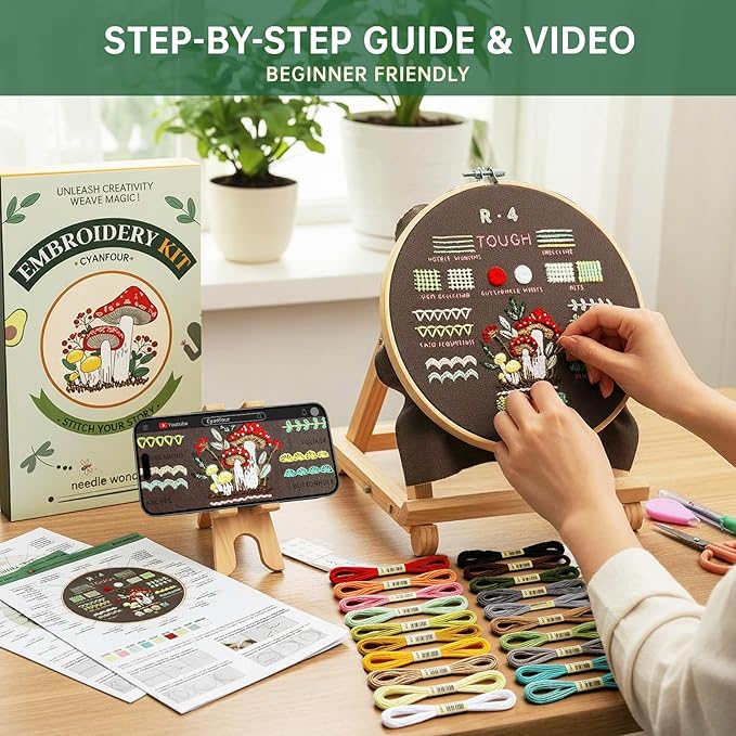 CYANFOUR Embroidery Kit for Beginners, 4 Stages to Learn 38 Stitches, with Step-by-Step Instructions and Clear Videos, Includes Multiple Accessories, Gift for Craft Lovers.
