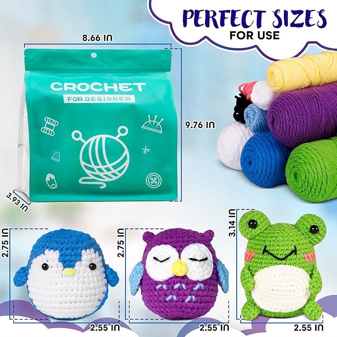 Animals Crochet Kit for Beginners – Set of 3 Easy-to-Use Knitting Kit for Adults with Yarns, Tools & Instructions for Creating Handmade Gifts, Nice for Stress Relief, Great as Mothers Day Gift for Mom