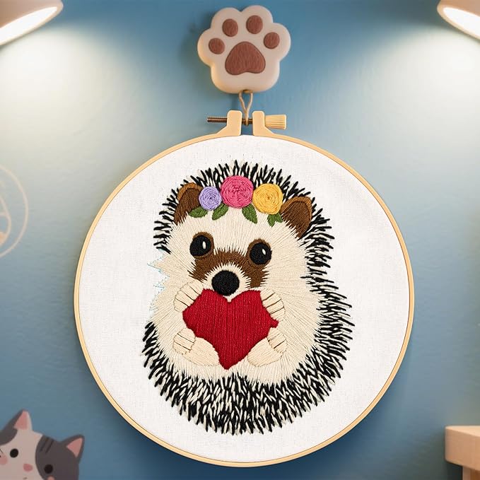 Cute Hedgehog Embroidery Kits for Beginners Adults, Animals Embroidery Starter Kits, Counted Cross Stitch Kits for Beginners DIY Craft Kits for Adults Women, Embroidery Hoops, Thread & Video Tutorial