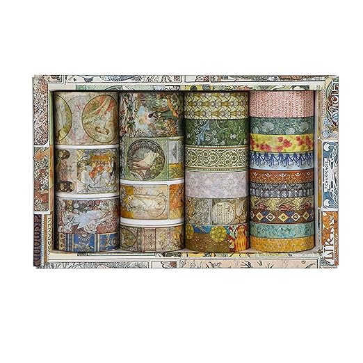 Vintage Washi Tape Set - 24 Rolls Arts Adhesive Tapes Assorted Retro Decorative Masking Tape Sets for Craft, Kids, Scrapbook, DIY, Gift Wrapping (1-Renaissance Dreams)