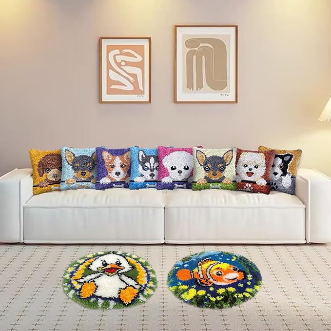 veirousa Labrador Puppy Latch Hook Kits for Adults Kids, Beginners DIY Trow Pillow Kit Pre-Printed Pillowcase Hook and Latch Rug Kits Needlework Cushion Cover for Home Sofa Decoration 17x17 inch