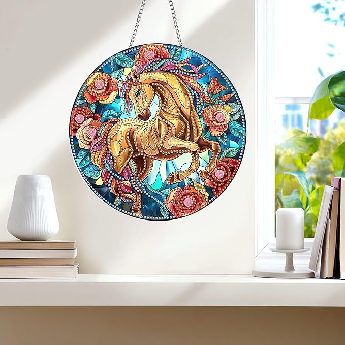 Wergund 5D DIY Horse Diamond Art Hanging Kits, Hanging Diamond Art Rose, Acrylic Special Shaped Rhinestone, Window Hanging Pendants for Home Wall Garden Front Door Outdoor Decor Gift(Horse)