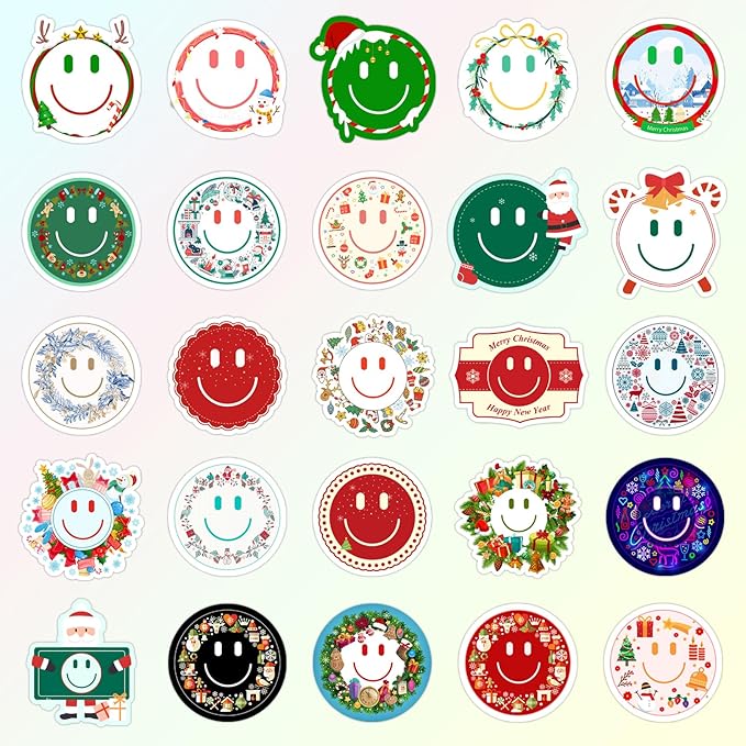 wercokt 50pcs smiling christmas stickers, cute water bottle stickers for kids, for teaching rewards, notebooks, stationery, luggage, cartoon pvc happy stickers