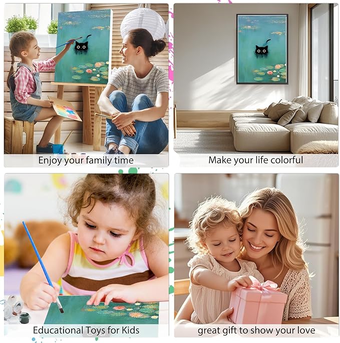 EOBROMD Framed Paint by Numbers Kits for Adults - Wooden Easel, Cat Lake DIY Painting Kits for Adults Beginner, Painting on Stretched Canvas Oil Paint by Numbers for Home Decor Gift 10x14 Inch