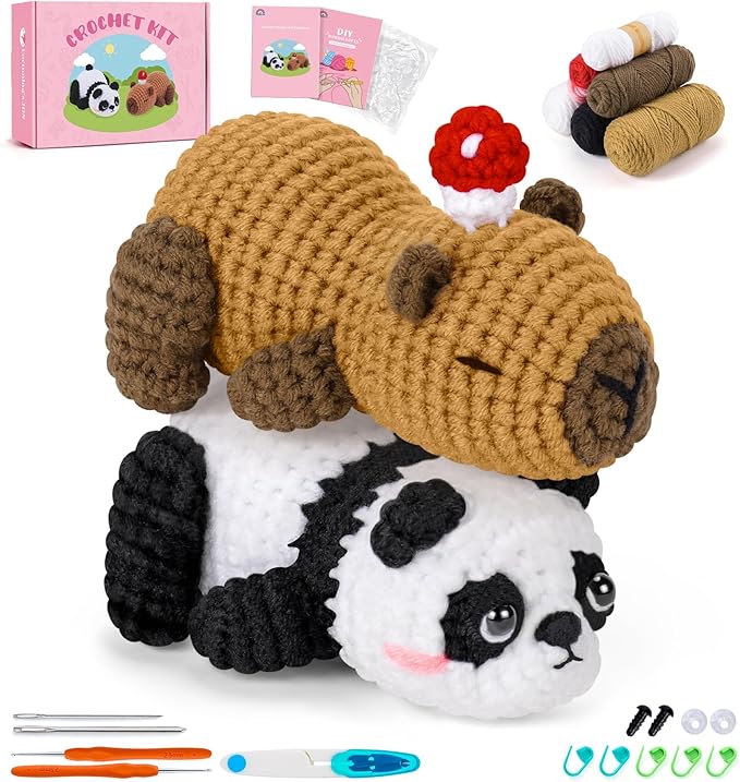 fortuning's jds crochet kit for beginners, panda & capybara crochet animal kits, easy crochet kit for adults, complete diy craft knitting kit w/step-by-step video tutorials christmas gifts