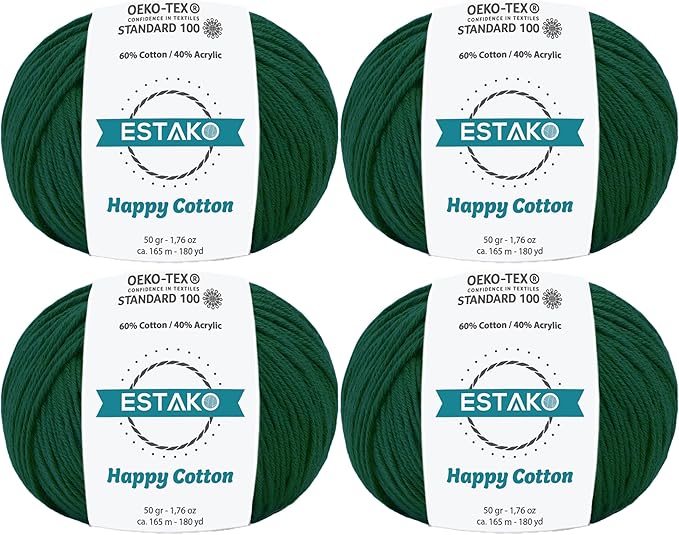 Estako Happy Cotton, (4 Skeins Pack) 60% Cotton 40% Acrylic Yarn, Soft, Fine/Sport (2) for Crochet and Knitting (4 x 1.76 Oz) / (4 x 180 Yrds) (4930 - Dark Green)